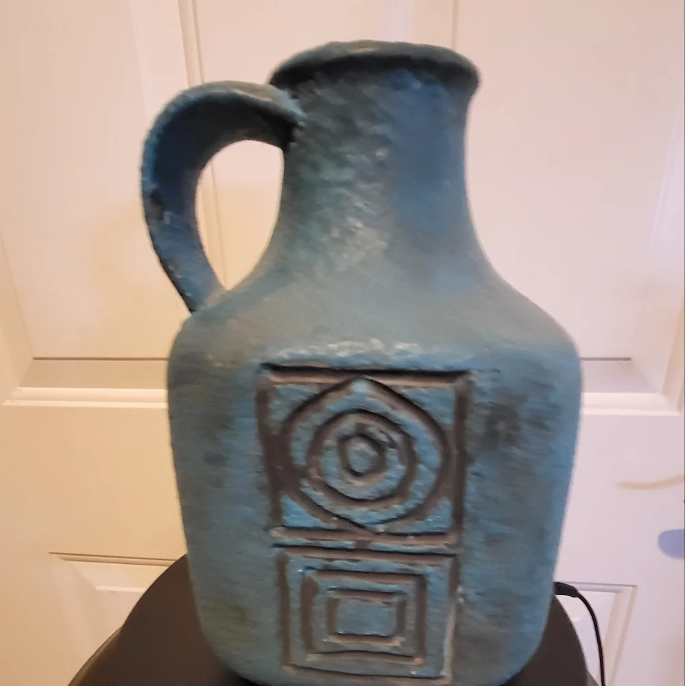 Bitossi Blue 1960s Mid-century Modern Fat Lava Pottery Pitcher Signed